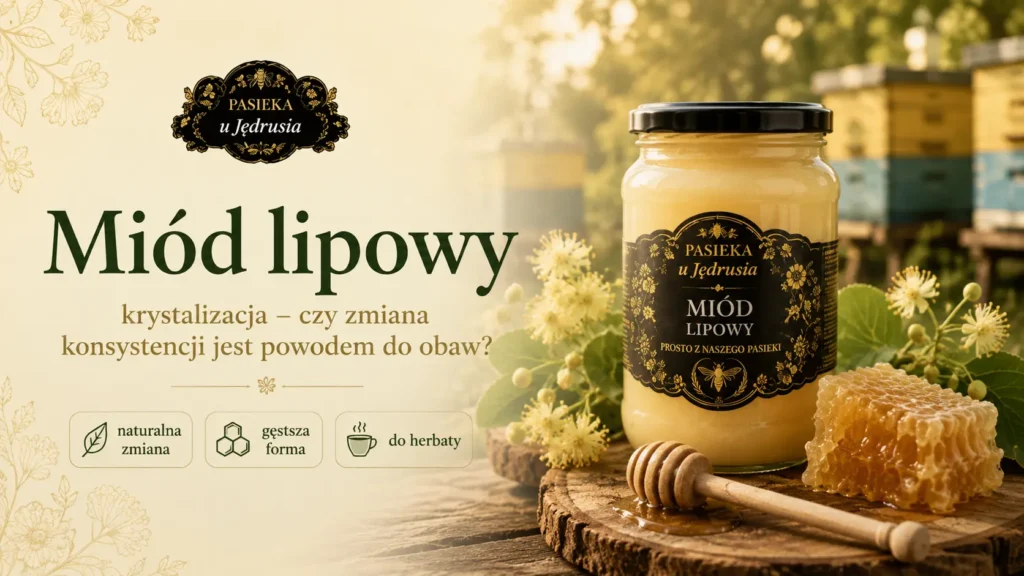 Słoik miodu lipowego z Pasieki u Jędrusia obok kwiatów lipy, plastra miodu i nabieraka
