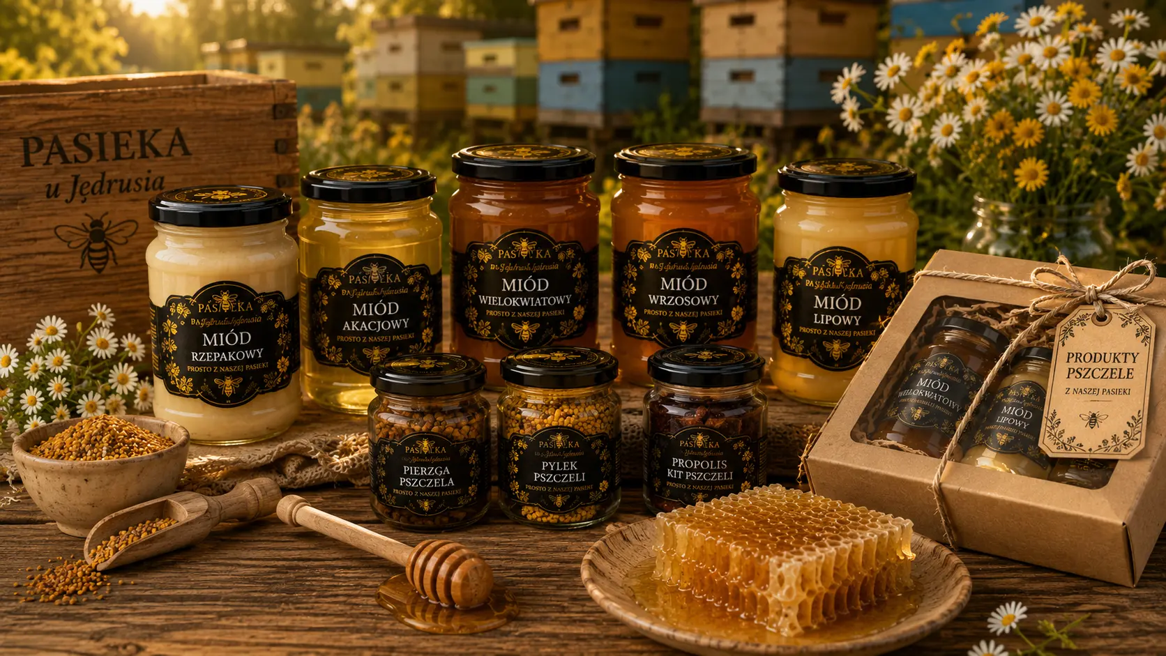 Miody i produkty pszczele z Pasieki u Jędrusia ustawione na drewnianym stole przy ulach