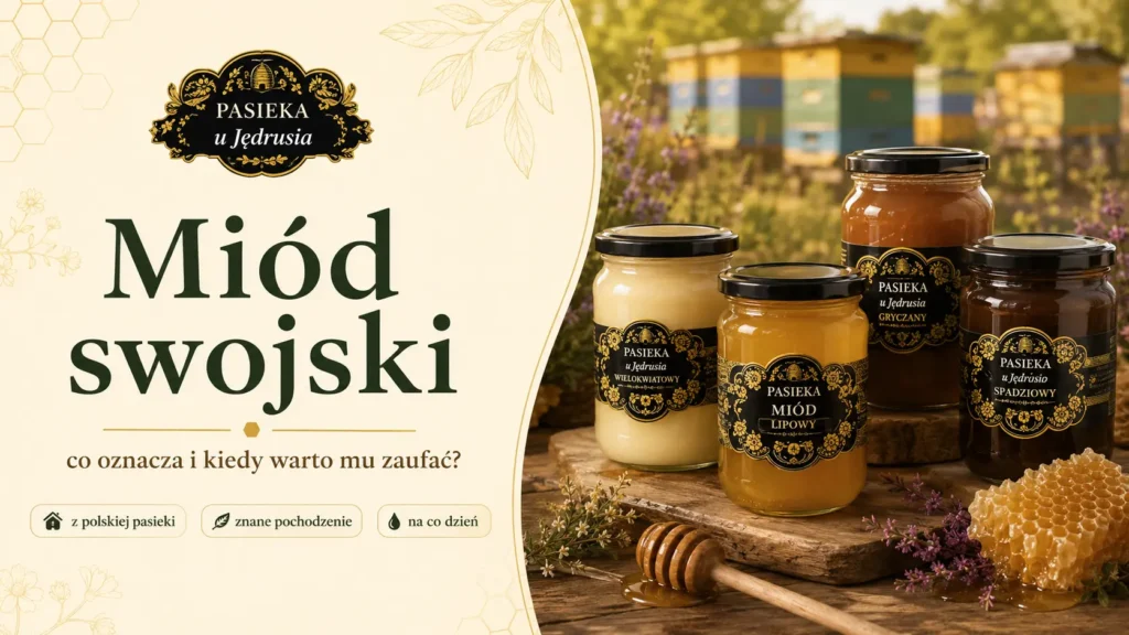 Słoiki miodu z Pasieki u Jędrusia na drewnianym stole obok plastra miodu i nabieraka