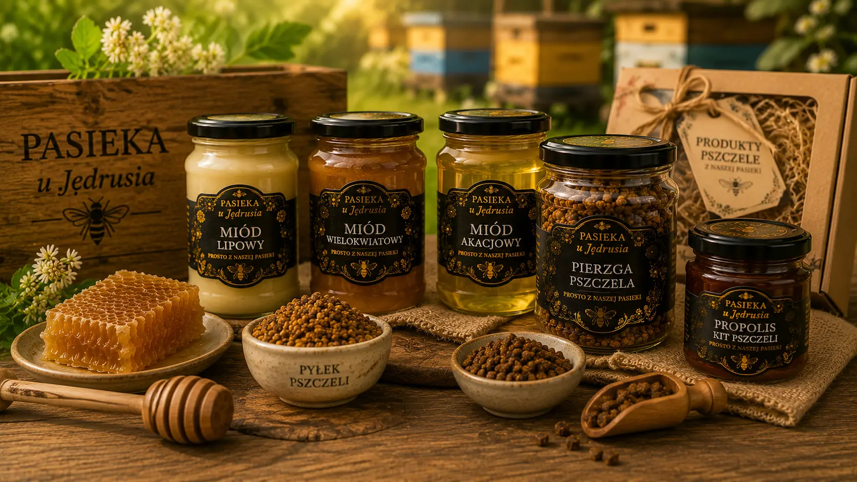 Pierzga pszczela, pyłek, propolis i miody z Pasieki u Jędrusia na drewnianym stolea