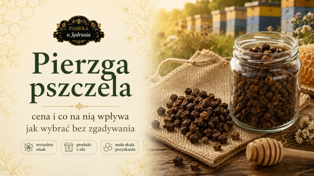Pierzga pszczela w szklanym słoiczku na jutowym materiale z ulami w tle