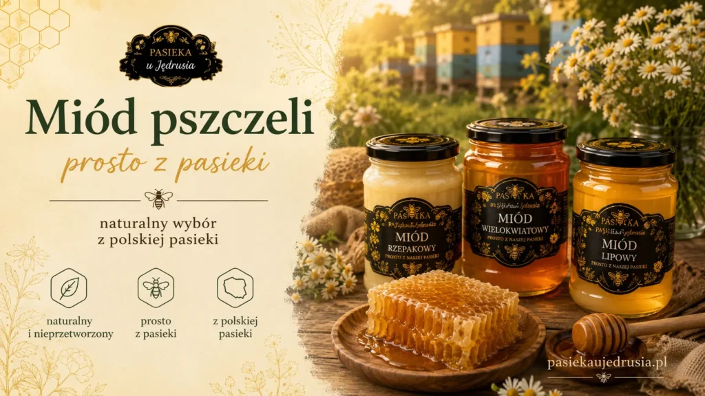 Słoiki miodu pszczelego z Pasieki u Jędrusia obok plastra miodu i nabieraka na tle uli