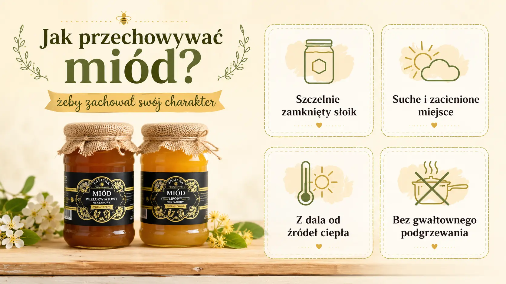 Infografika o przechowywaniu miodu z dwoma słoikami miodu z Pasieki u Jędrusia i zasadami przechowywania