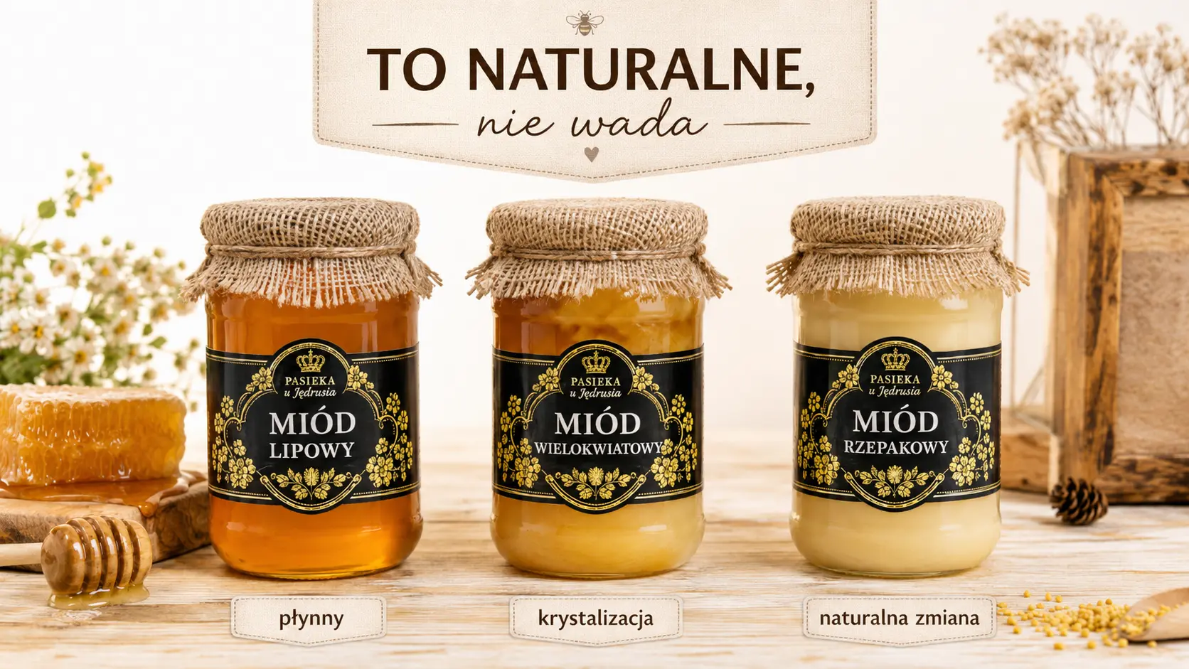 Trzy słoiki miodu z Pasieki u Jędrusia pokazujące płynną, krystalizującą i gęstszą konsystencję miodu