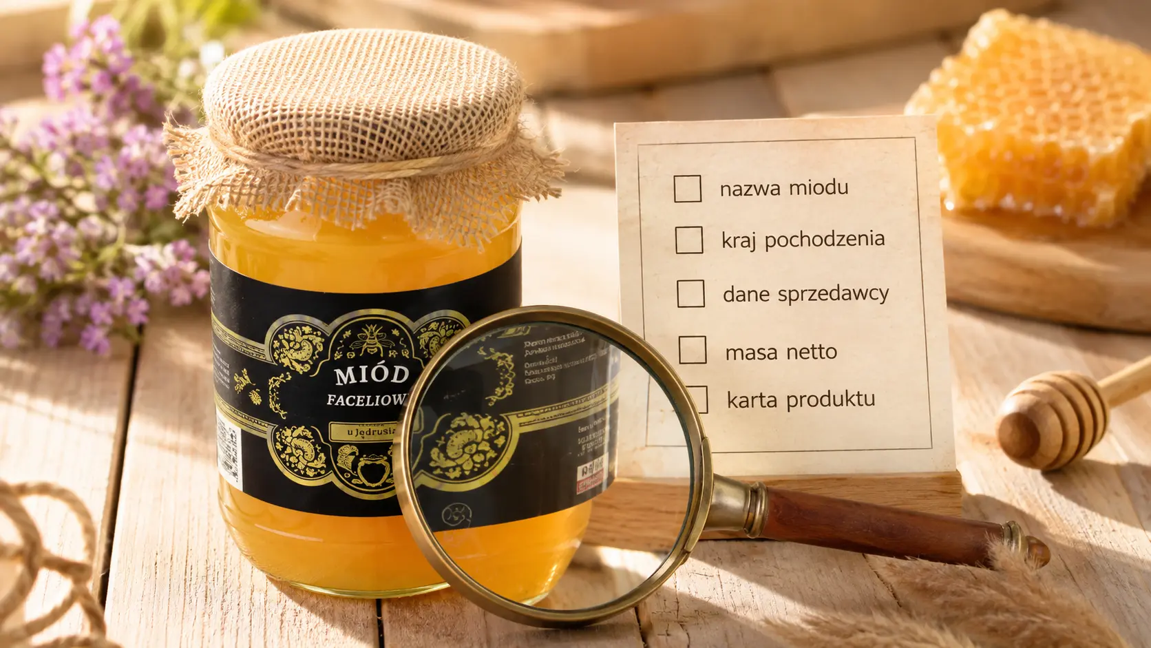 Miód faceliowy w słoiku na drewnianym stole obok nabieraka i jasnych kwiatów