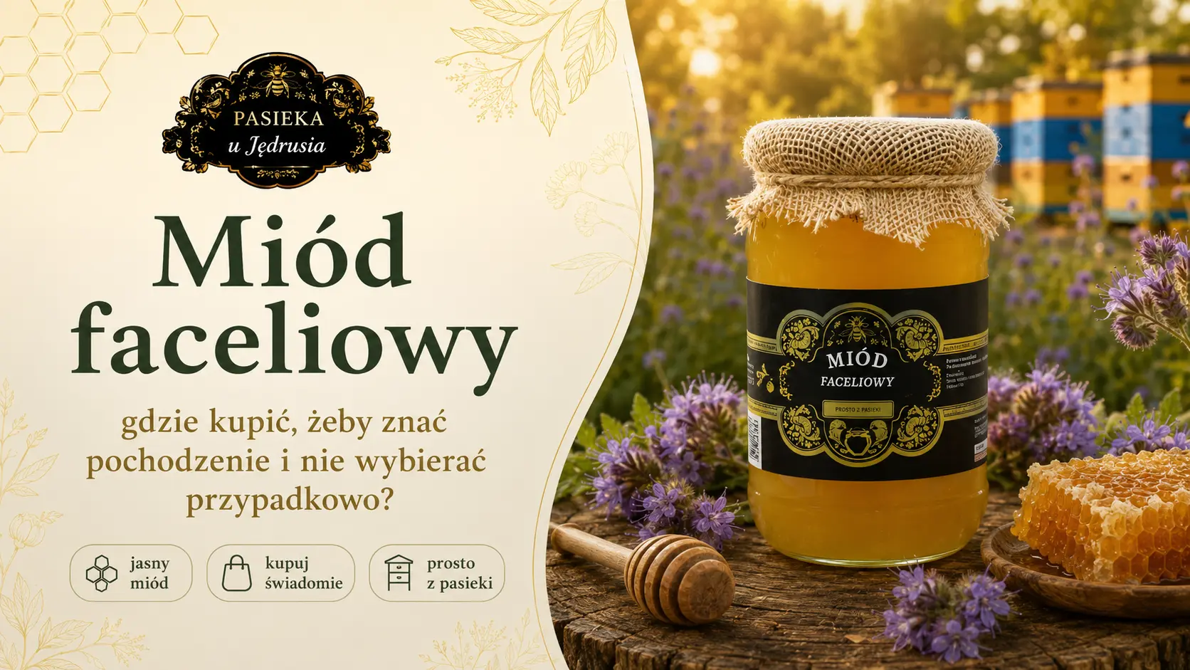 Miód faceliowy z Pasieki u Jędrusia na jasnym tle, pokazany jako wybór prosto z pasieki