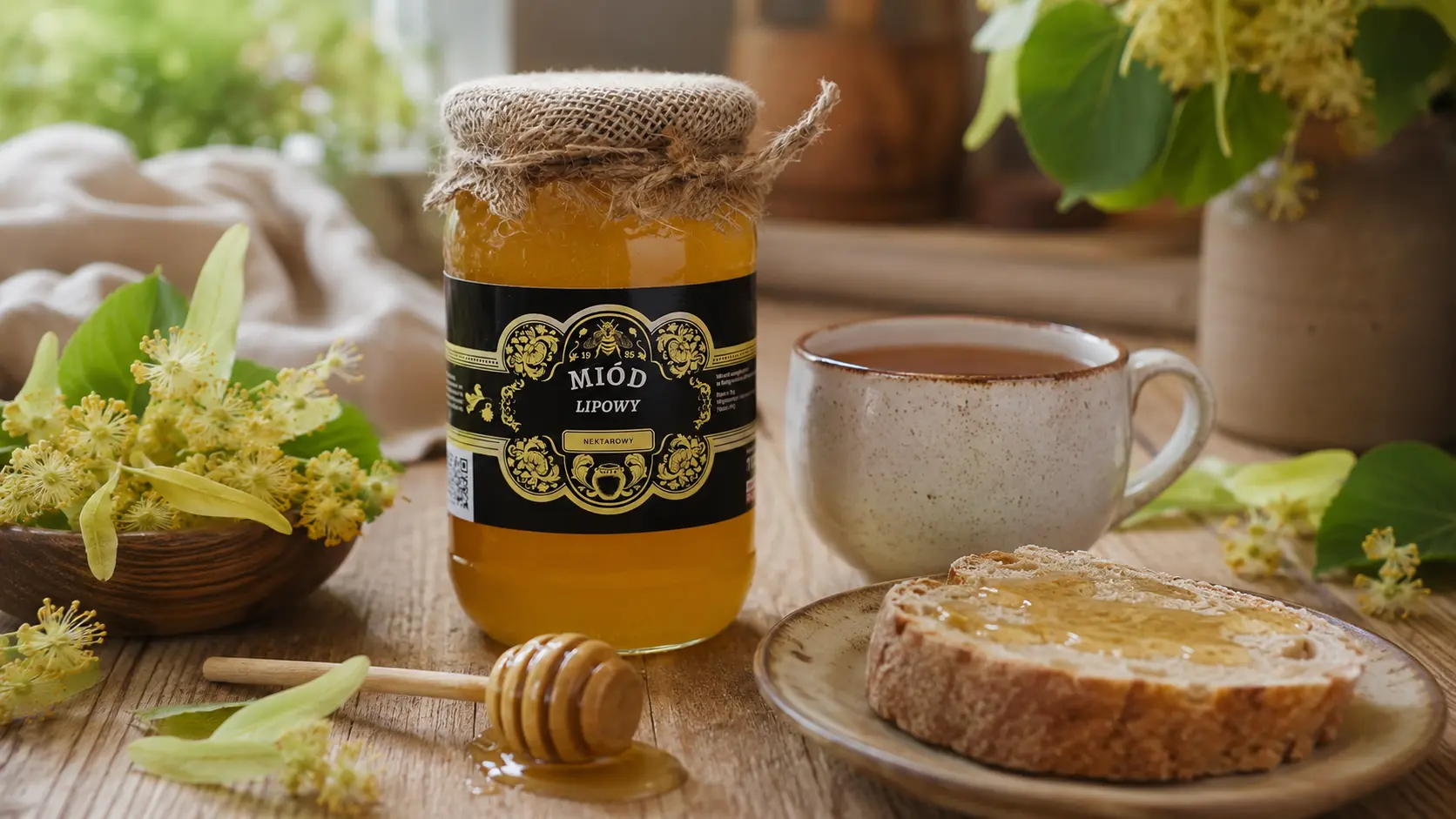 Sloik miodu lipowego obok filizanki herbaty - praktyczne zastosowanie miodu w domu