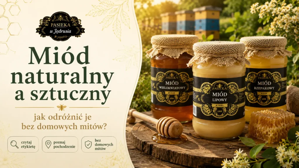 Słoiki naturalnego miodu z Pasieki u Jędrusia na tle uli, plastra miodu i drewnianego nabieraka
