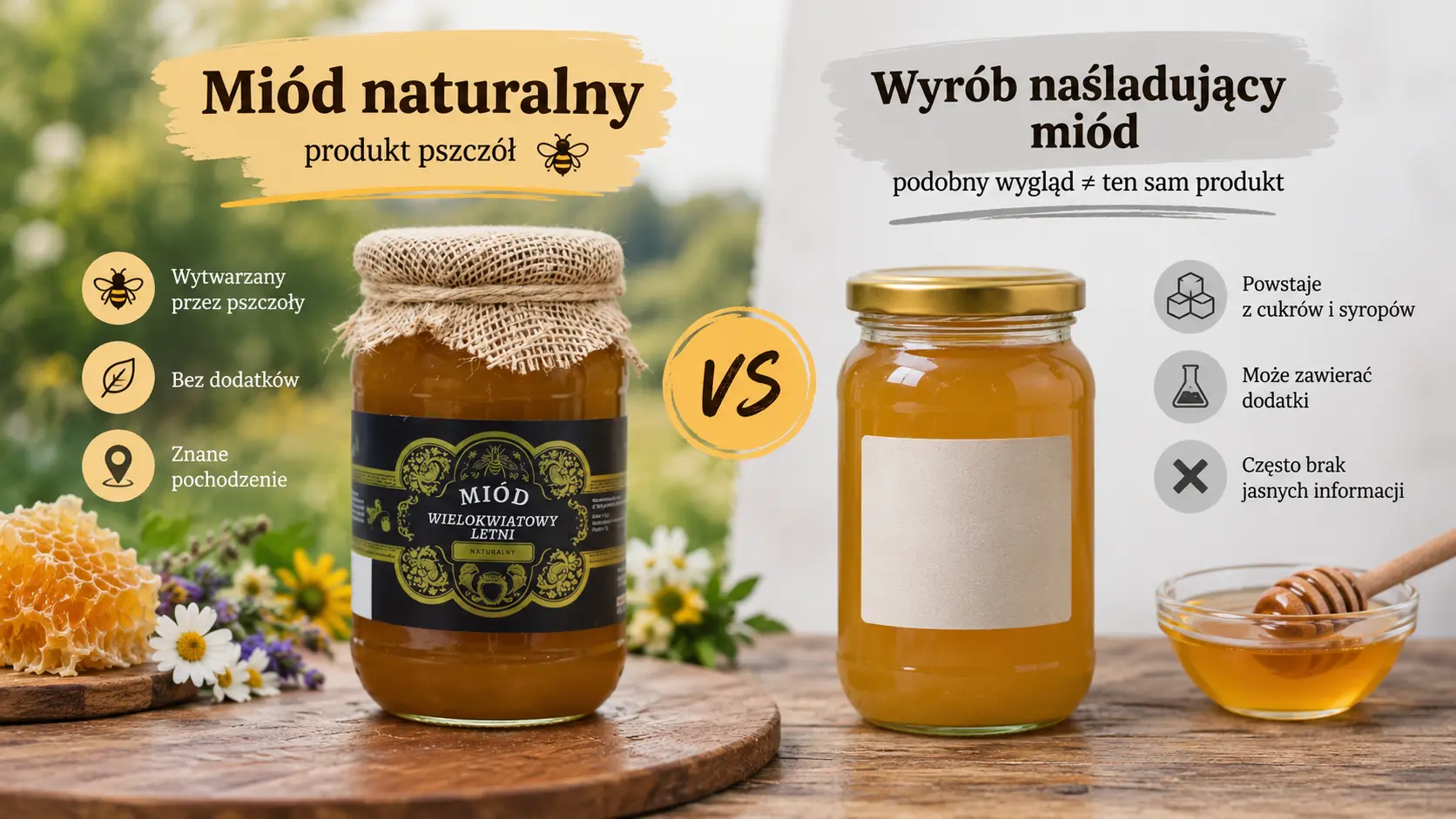 Porównanie naturalnego miodu z pasieki i syropu o smaku miodu z zaznaczeniem różnic w składzie i pochodzeniu