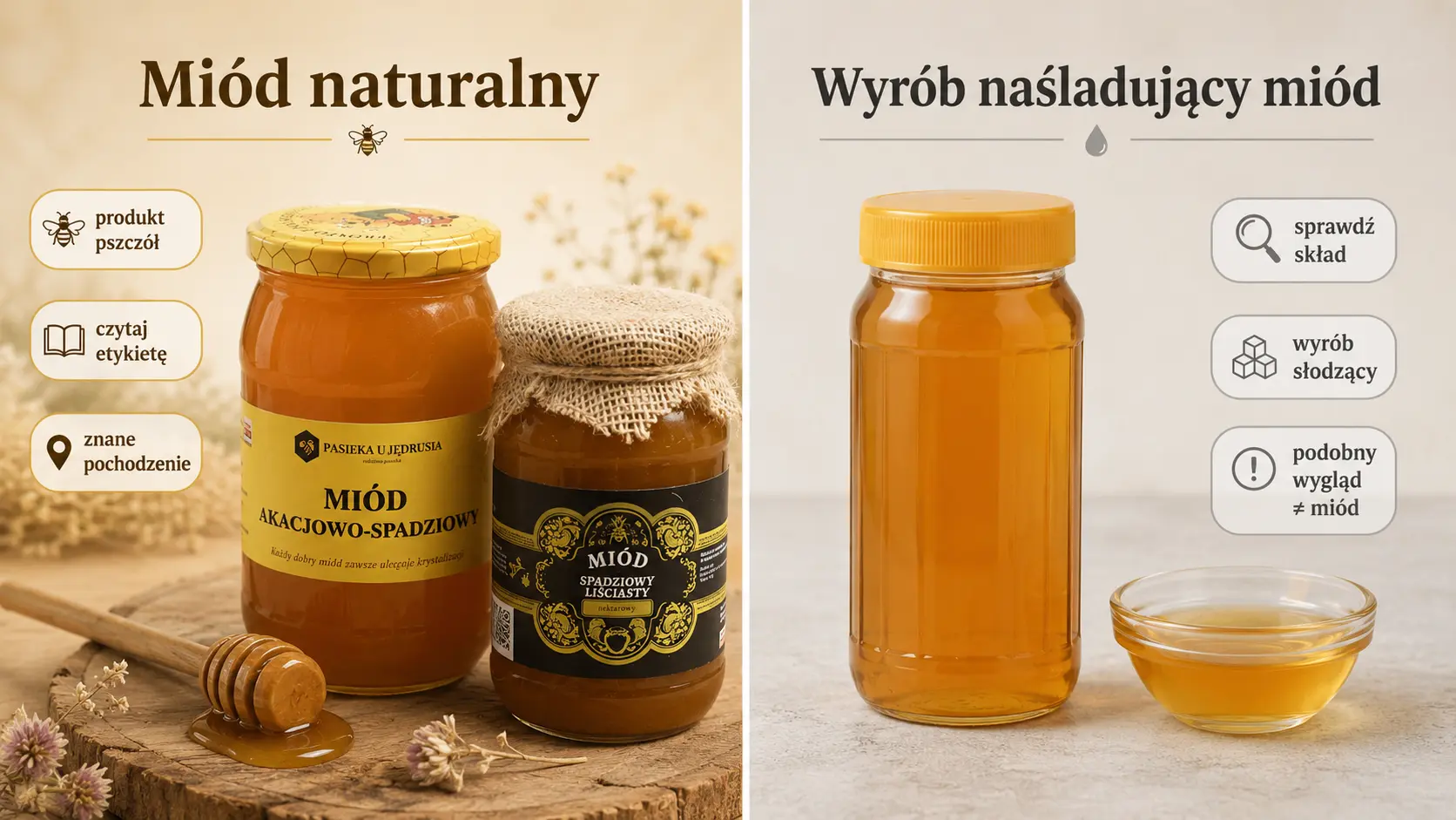 Porównanie naturalnego miodu z pasieki i wyrobu naśladującego miód w dwóch częściach grafiki