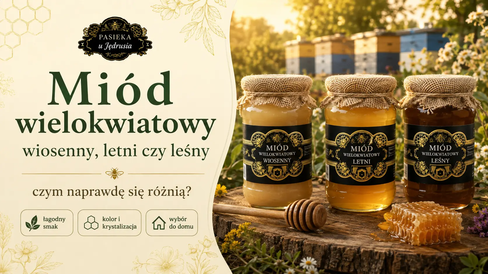Słoiki miodu wielokwiatowego z pasieki ustawione na rustykalnym stole w ciepłej aranżacji