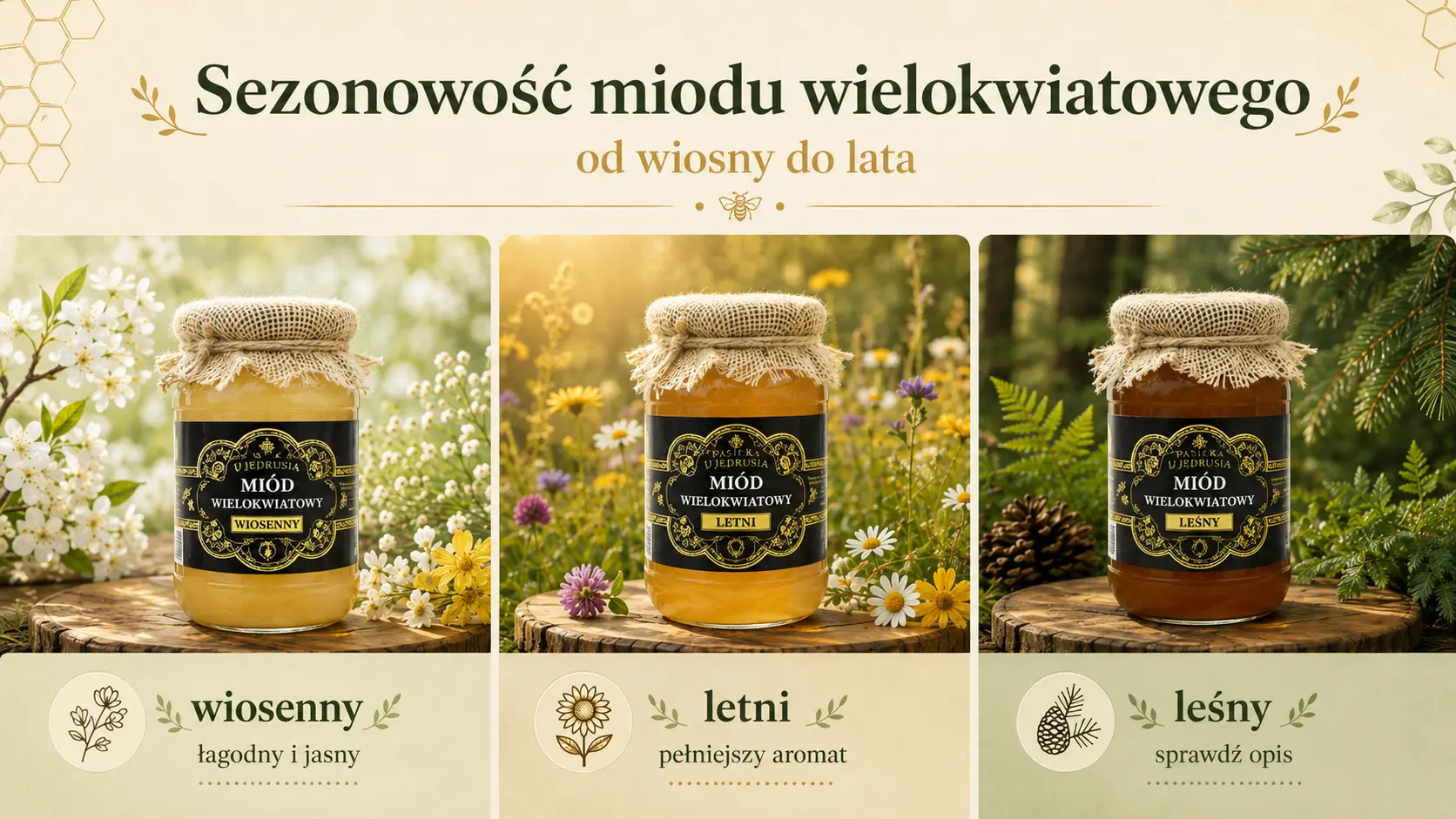 Porównanie miodu wielokwiatowego wiosennego, letniego i leśnego w trzech słoikach z Pasieki u Jędrusia