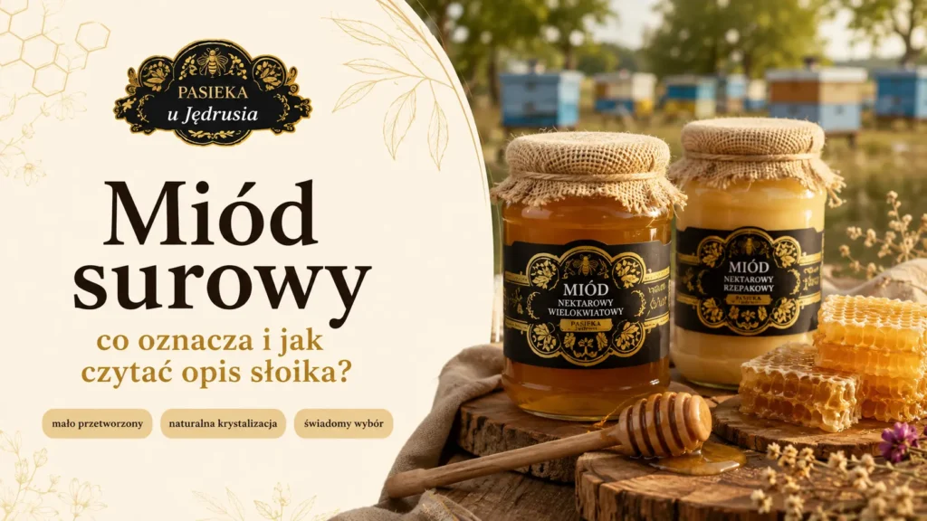 Słoiki miodu z Pasieki u Jędrusia obok plastra miodu i nabieraka w pasiece