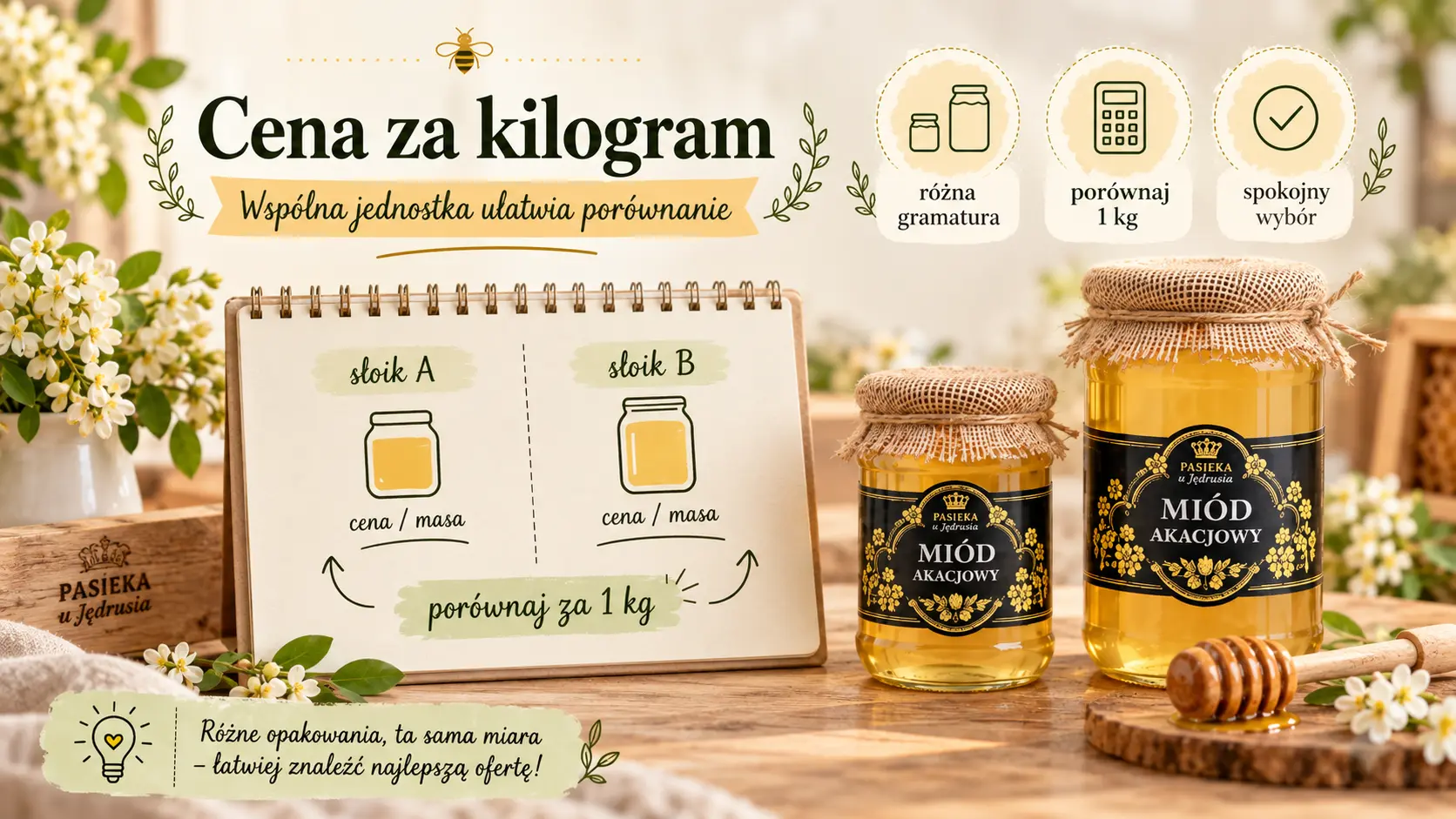 Notatnik i dwa różne słoiki miodu używane do porównania ceny za kilogram