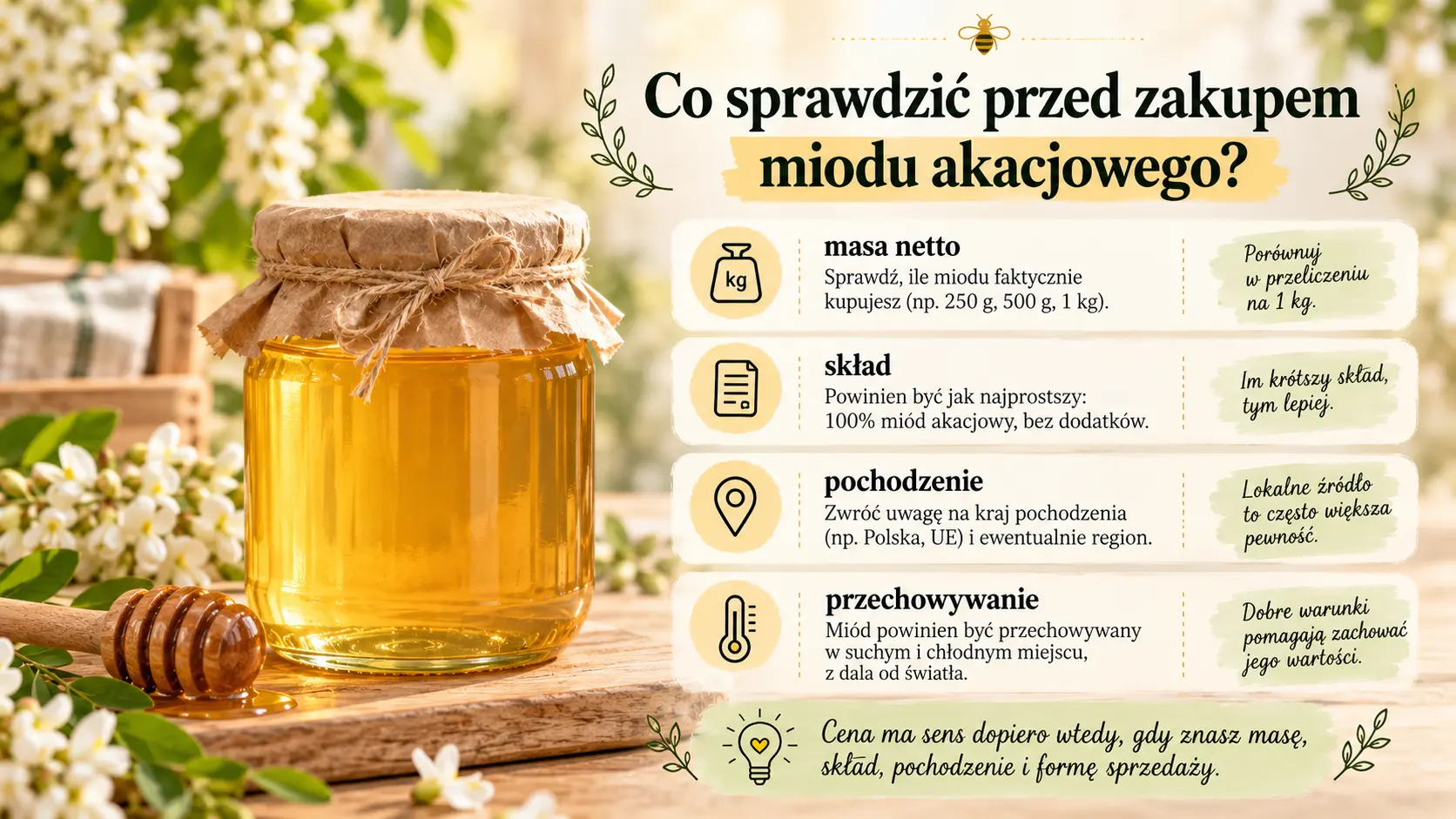 Słoik miodu i symboliczna lista informacji do sprawdzenia przed zakupem