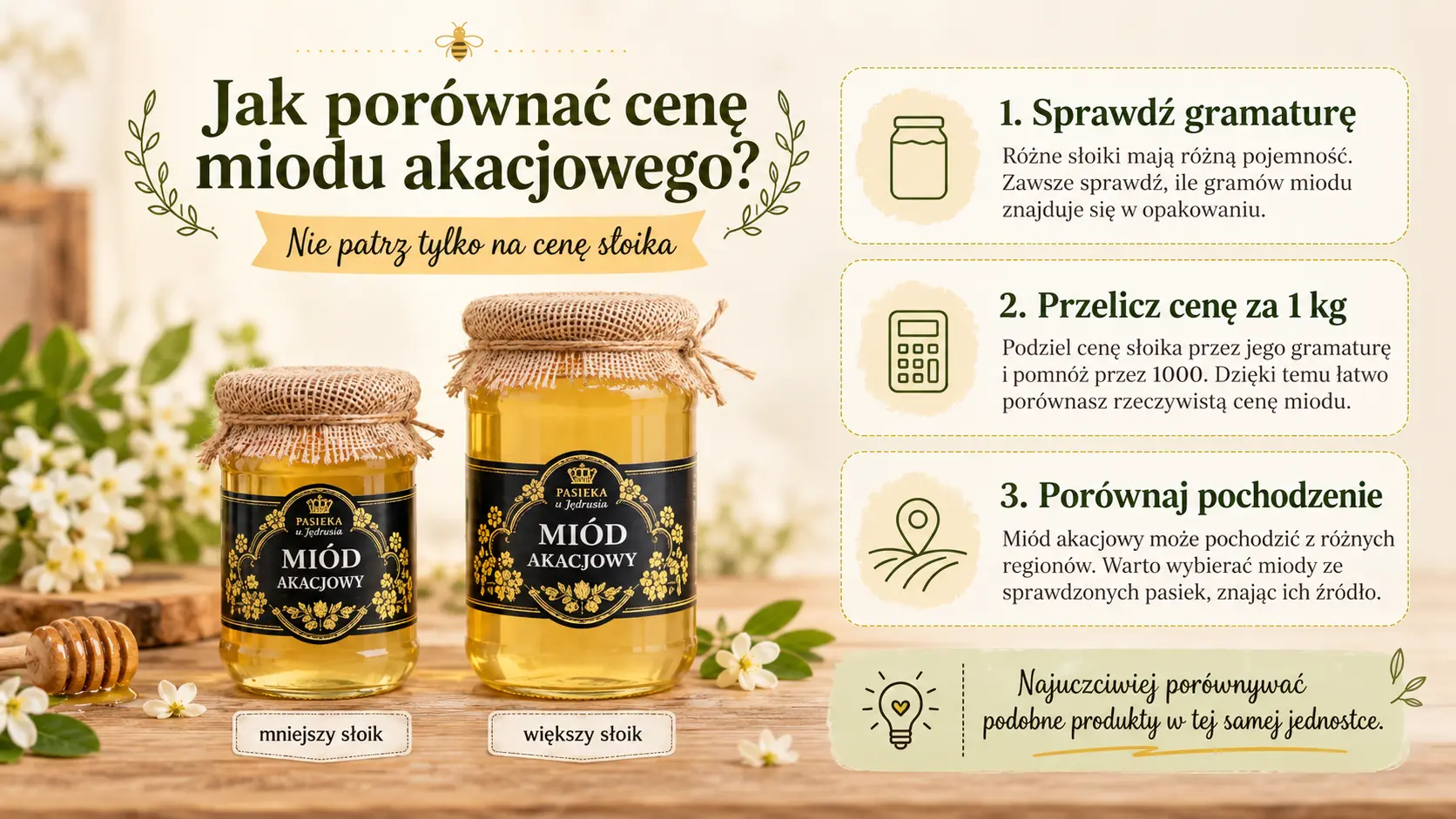 Dwa słoiki miodu akacjowego o różnej gramaturze przygotowane do porównania ceny