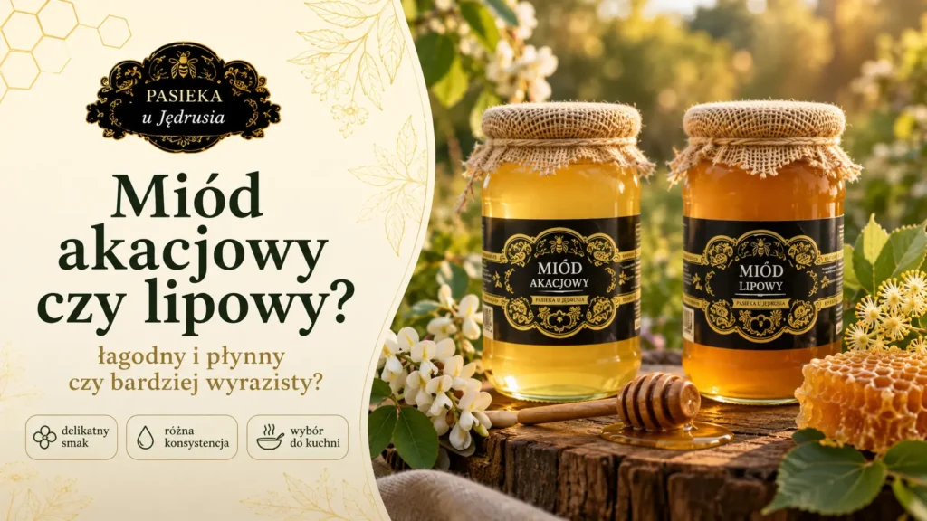 Słoiki miodu akacjowego i lipowego na rustykalnym tle pasieki