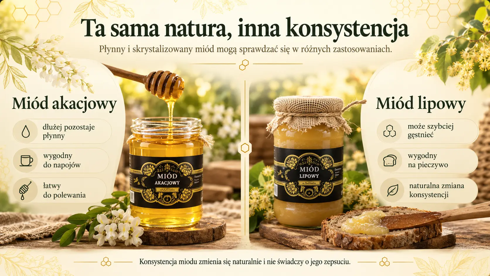 Płynny miód na łyżeczce i skrystalizowany miód na pieczywie