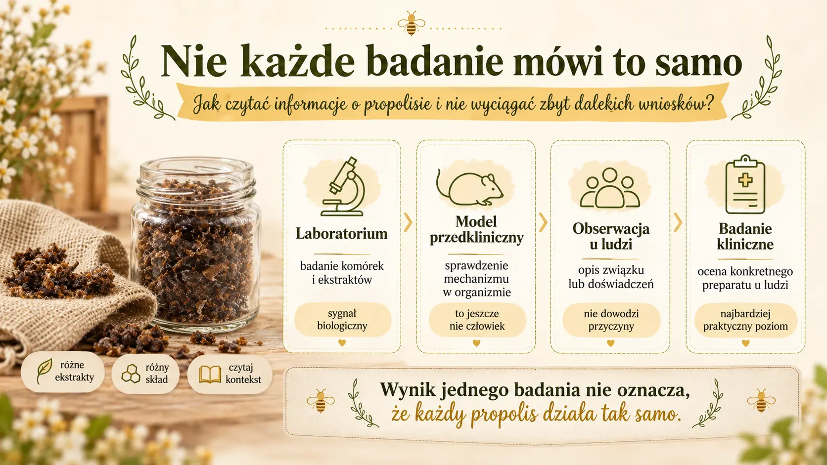 Ilustracja czterech poziomów dowodów badań nad propolisem