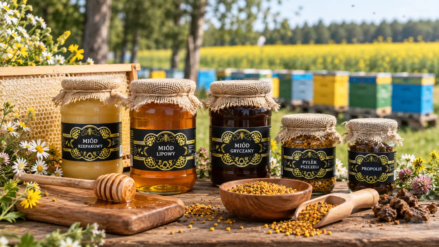 Produkty pszczele ułożone obok słoików miodu i drewnianego ula