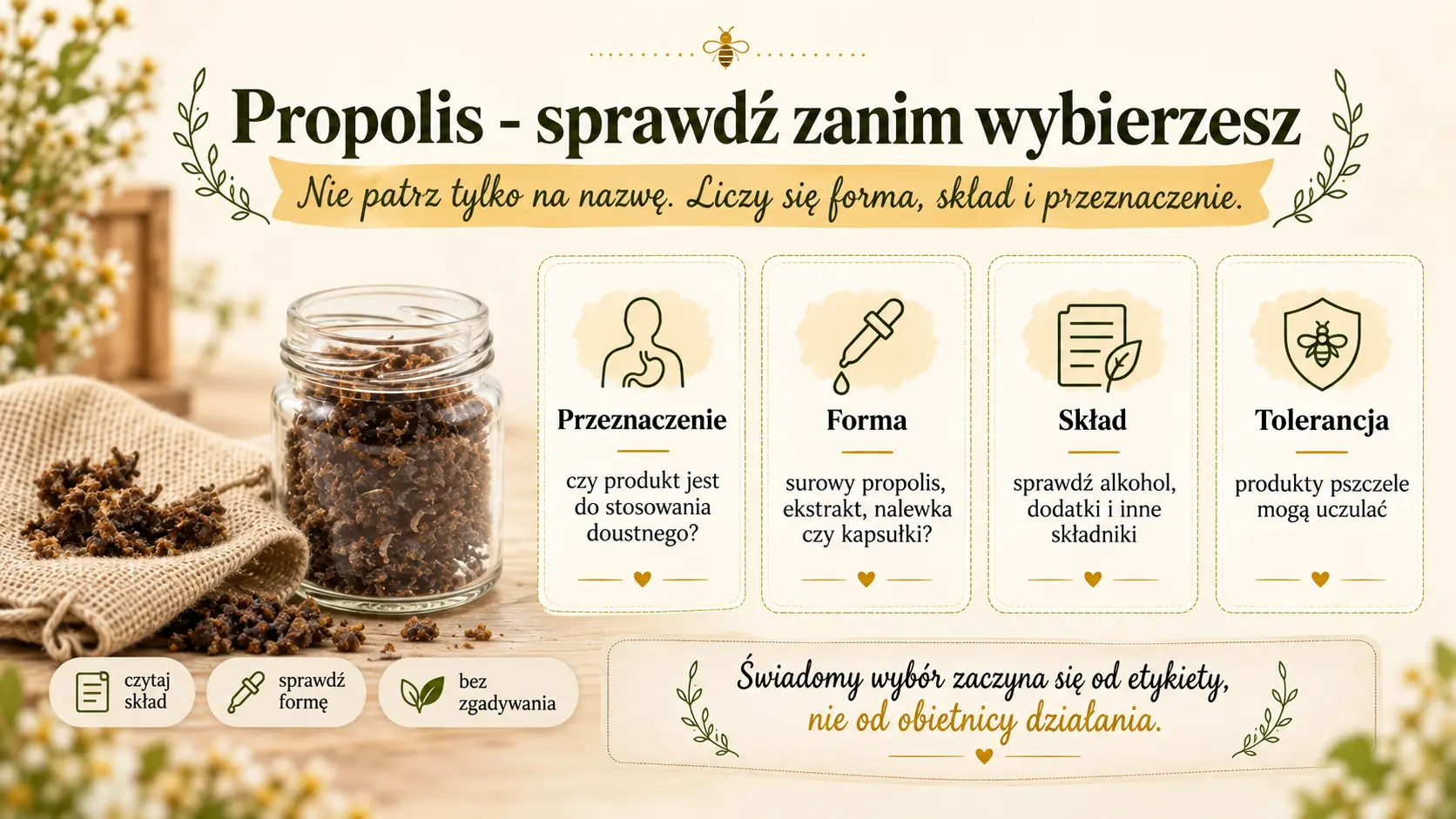 Neutralne opakowanie propolisowe, etykieta i lupa symbolizujące świadomy wybór
