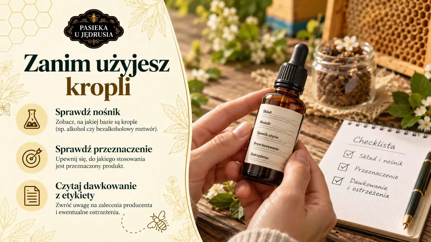 Osoba sprawdza etykietę butelki z kroplami propolisowymi