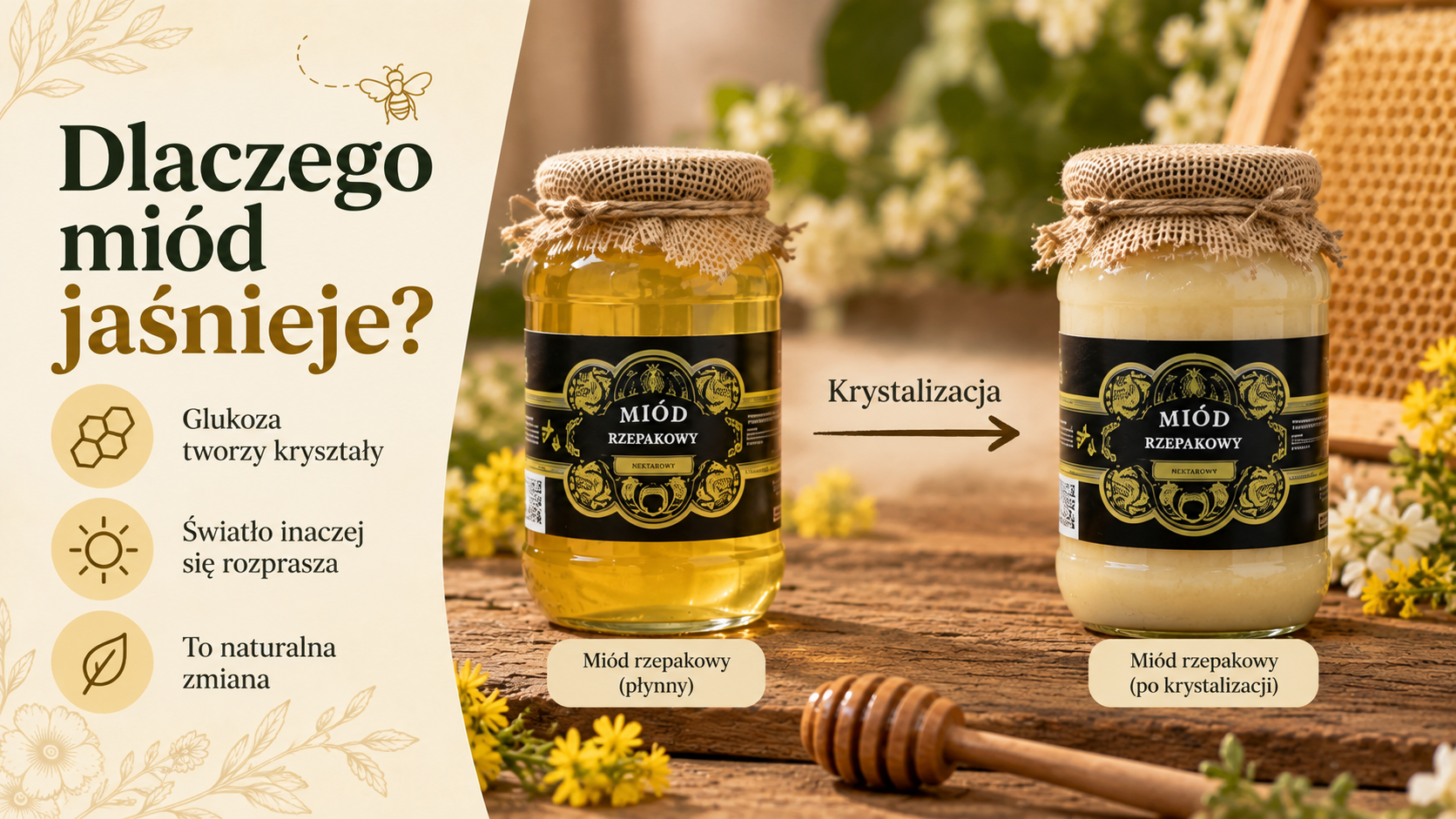 Miód rzepakowy przed i po krystalizacji: jasnożółty płynny oraz niemal biały kremowy, ze strzałką zmiany