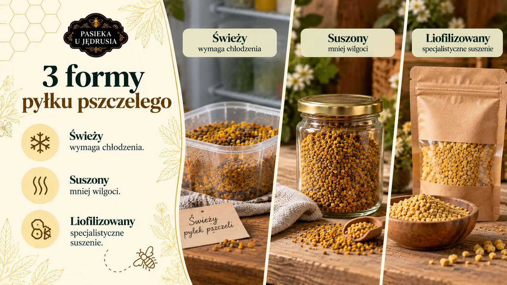 Słoik z pyłkiem pszczelim, lupa i szklanka jako symbole ograniczonej domowej oceny.