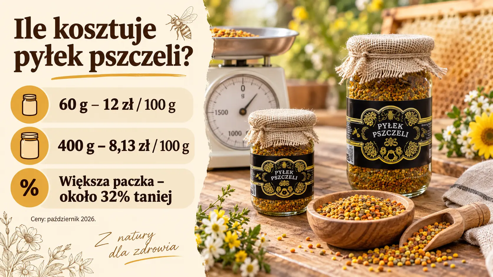 Opakowania pyłku pszczelego o różnych gramaturach na wadze obok kart porównawczych.