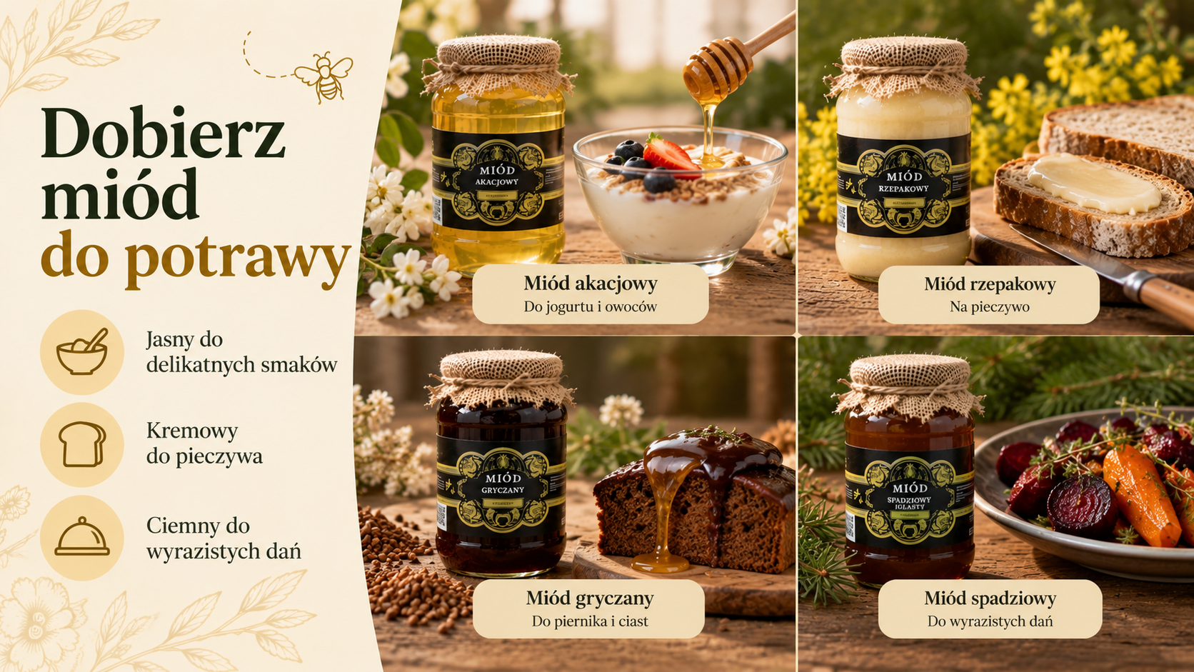 Zastosowanie miodu akacjowego, rzepakowego, gryczanego i spadziowego do jogurtu, pieczywa, piernika i warzyw
