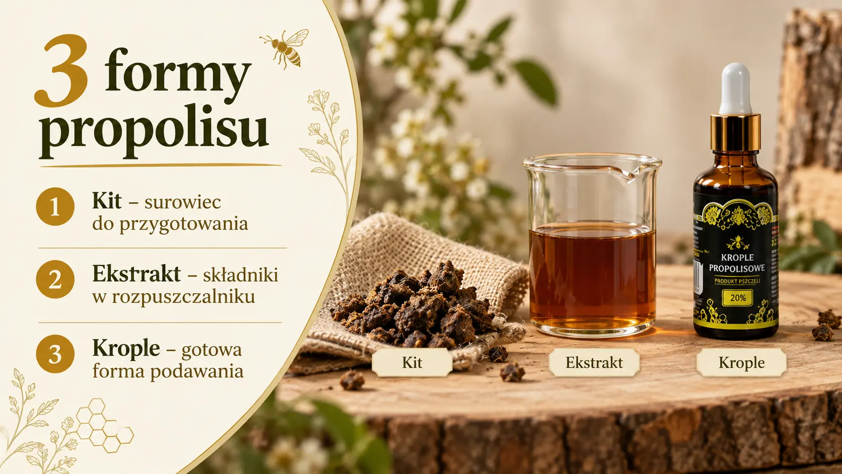 Surowy kit pszczeli, ekstrakt propolisowy i butelka kropli obok siebie