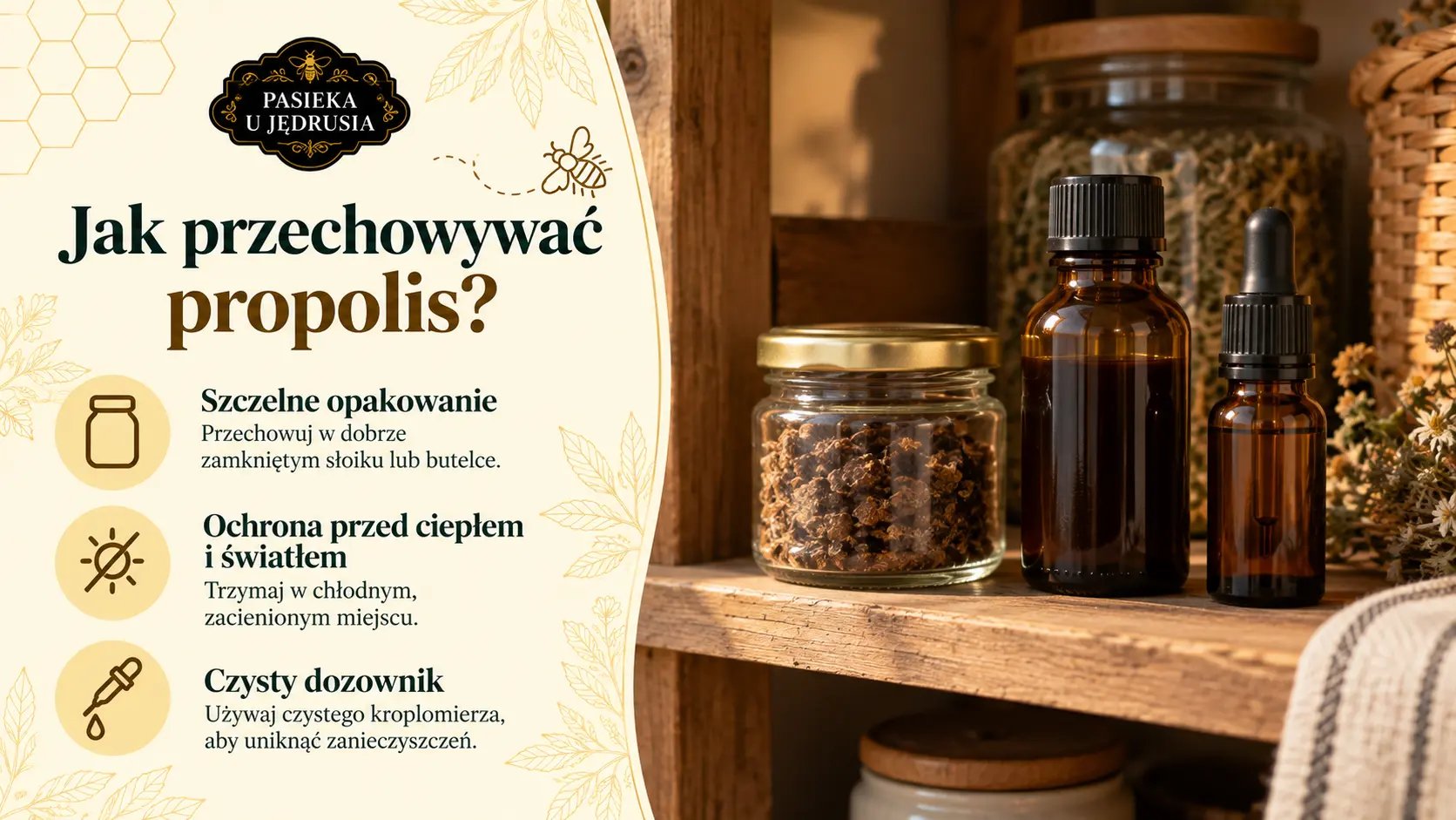 Surowy kit i zamknięte produkty propolisowe przechowywane w zacienionym miejscu