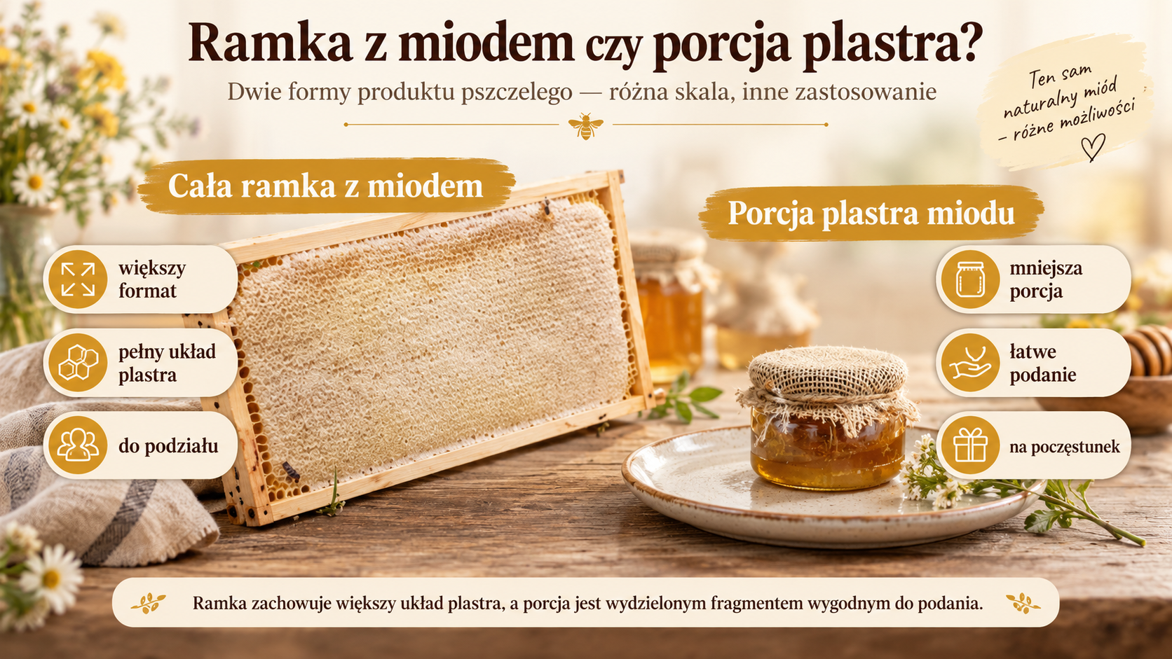 Cała ramka z miodem obok wydzielonej porcji plastra miodu